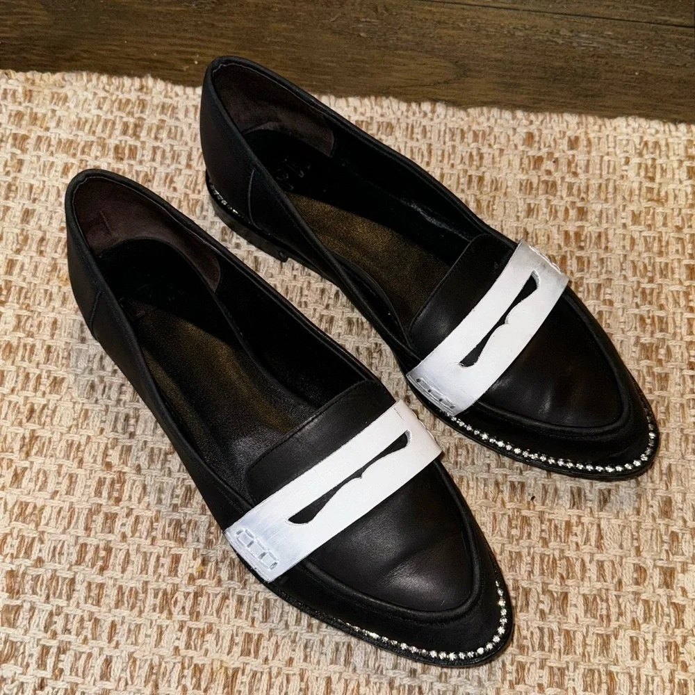 LPA BEATRIX Revolve Black White Pointed Toe Diamond Accent Loafers Size 10